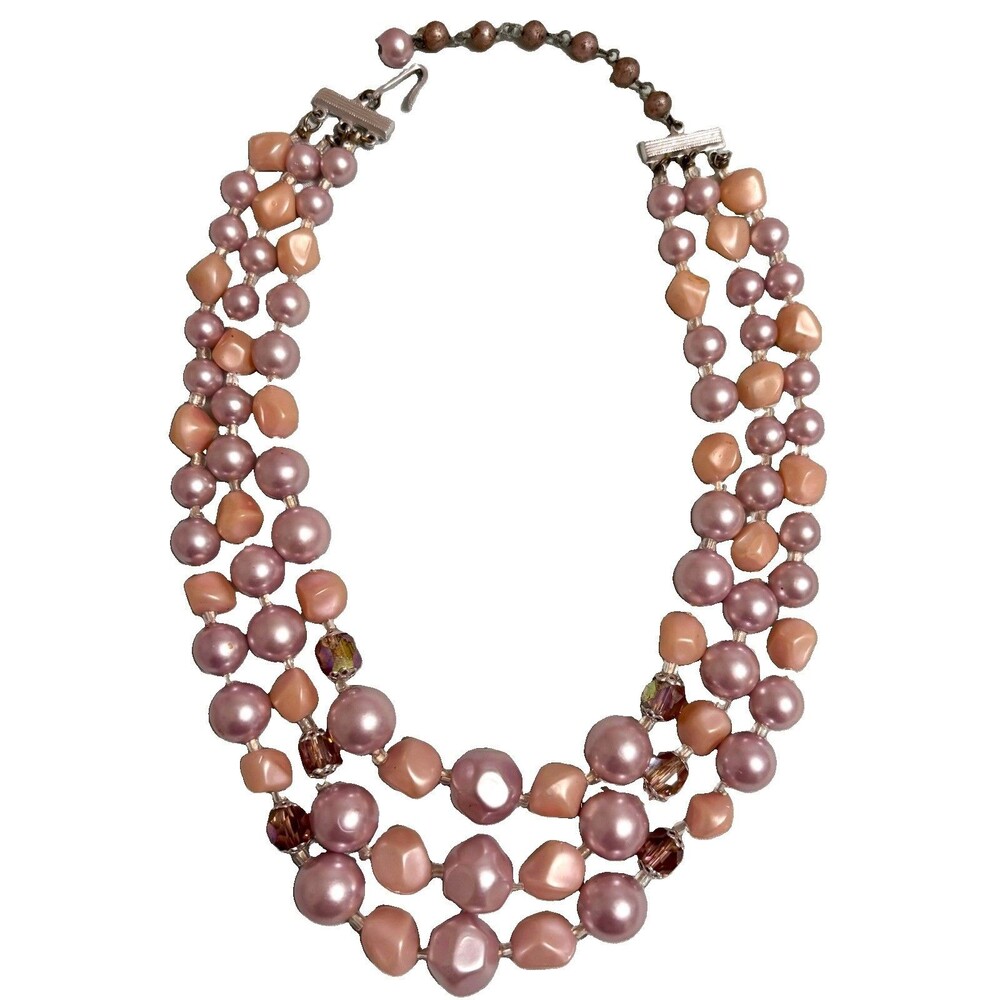 Vintage JAPAN 3 Strand Faux Pearl Lucite Crystal Necklace Pink Purple Peach 50s